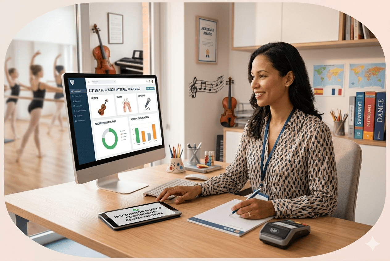 Pantalla del software de gestión para academias PortalSocios — gestión de alumnos, matrículas y cobros